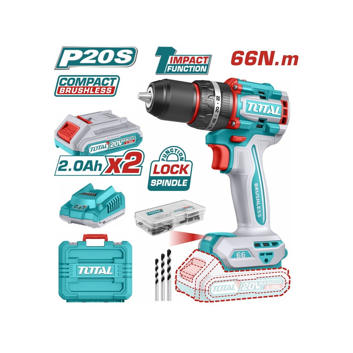 TOTAL ΕΠΑΓΓ. ΔΡΑΠΑΝΟΚΑΤΣΑΒΙΔΟ ΚΡΟΥΣΤΙΚΟ ΜΠΑΤ. Li-ion 20V / 2Ah / 66Nm / 2 ΜΠΑΤ BL Motor (TIDLI20668E)