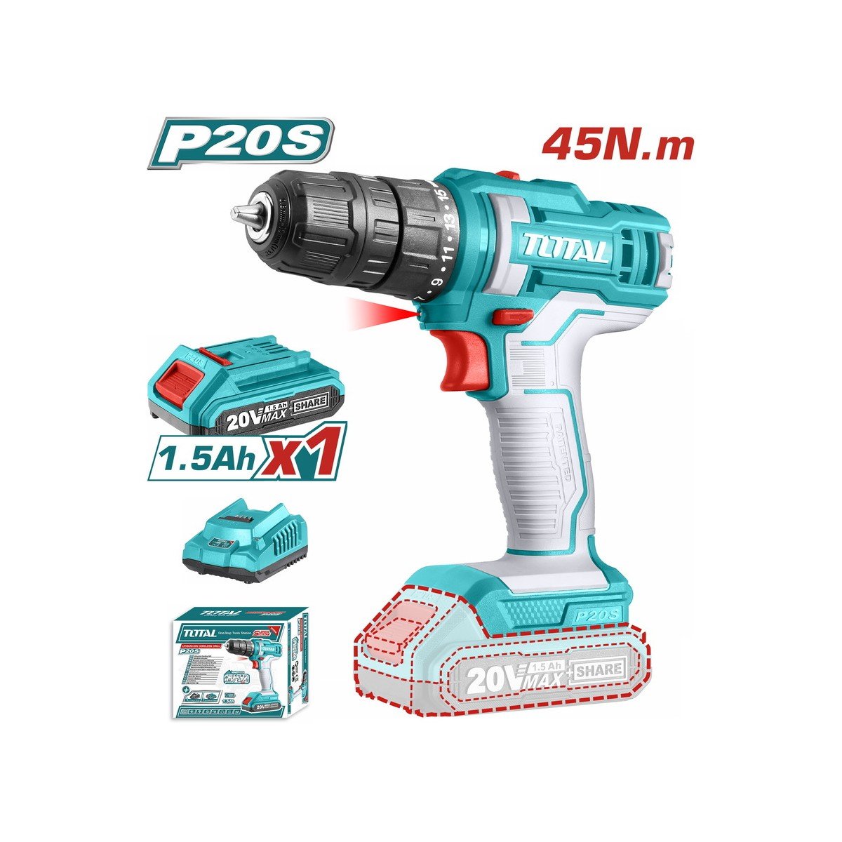 TOTAL ΔΡΑΠΑΝΟΚΑΤΣΑΒΙΔΟ ΜΠΑΤΑΡΙΑΣ ΛΙΘΙΟΥ 20V / 1.5Ah / 45Nm / 1 ΜΠΑΤ