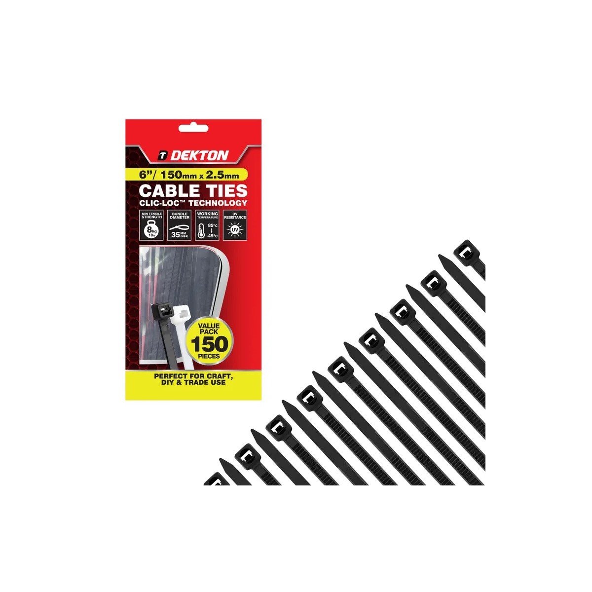 DEKTON 150 PCS 2.5MM x 150MM BLACK CABLE TIE