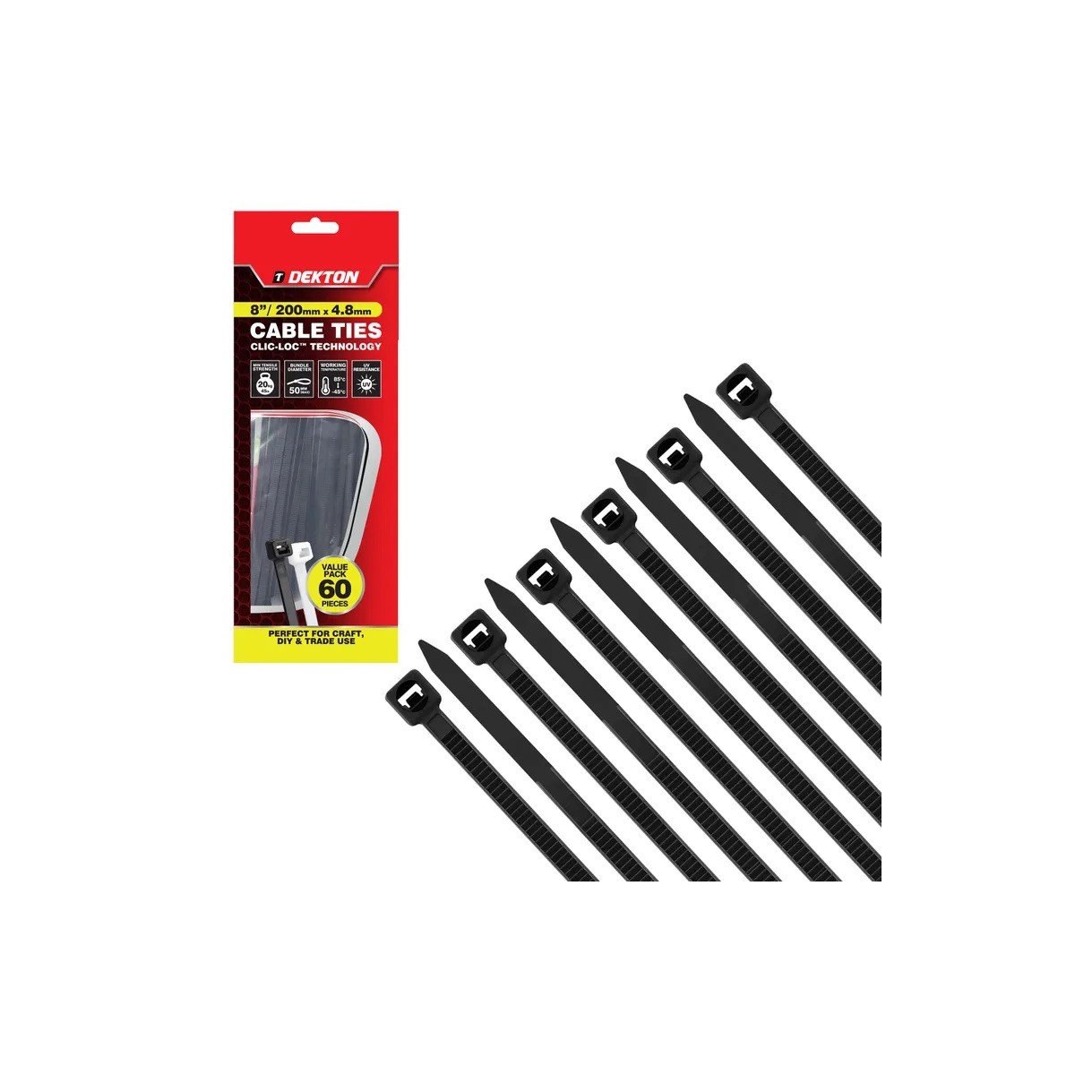 DEKTON 60 PCS 4.8MM x 200MM BLACK CABLE TIES