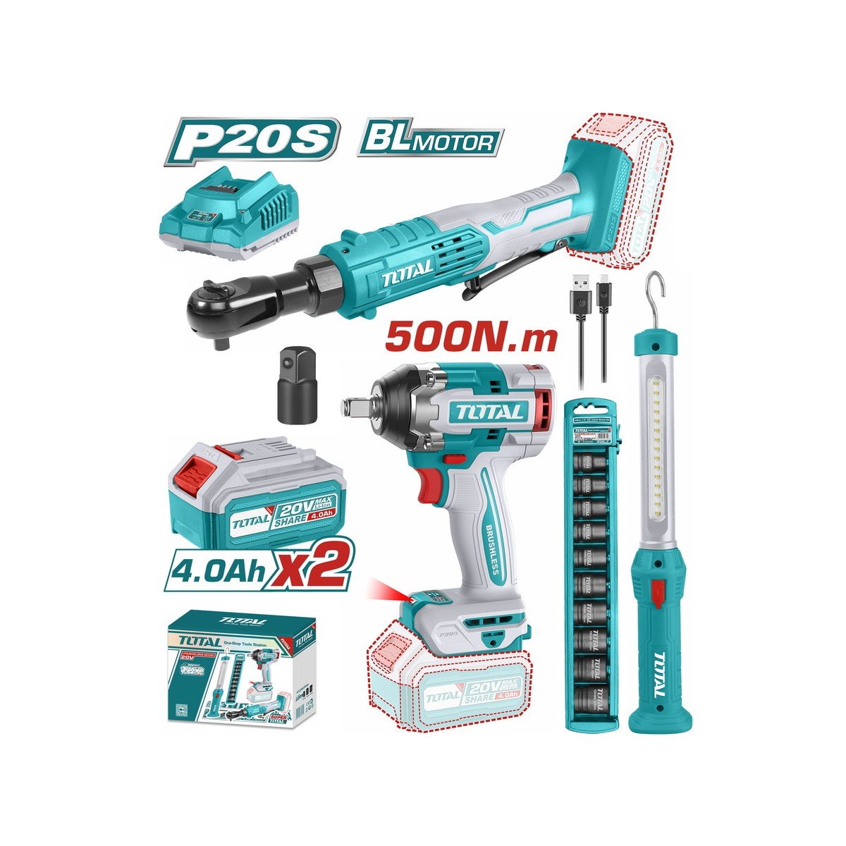 TOTAL Cordless 3 pcs combo kit Li-ion 20V / 4Ah / 2 ΜΠΑΤ (TOSLI240461E)