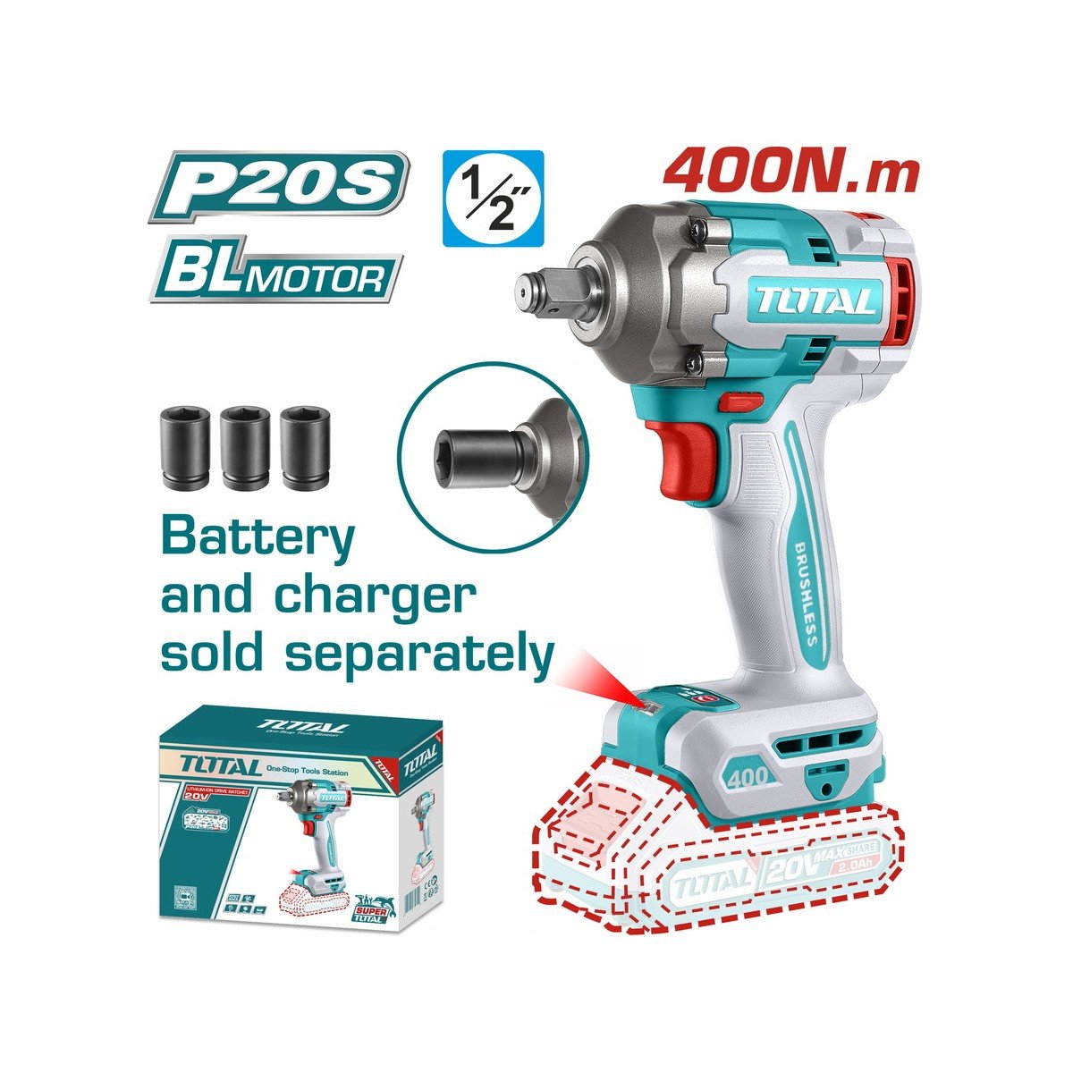 TOTAL ΕΠΑΓΓ. ΜΠΟΥΛΟΝΟΚΛΕΙΔΟ ΜΠΑΤ. Li-ion 20V / 400Nm ΧΩΡΙΣ ΜΠΑΤΑΡΙΑ & ΦΟΡΤΙΣΤΗ (TIWLI20401)