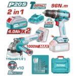 TOTAL ΕΠΑΓΓ. ΣΕΤ ΔΡΑΠ/ΒΙΔΟ ΚΡΟΥΣΤ. 96Nm + ΓΩΝΙΑΚΟΣ ΤΡΟΧΟΣ 115mm ΜΠΑΤ. Li-ion 20V (TOSLI241298E)