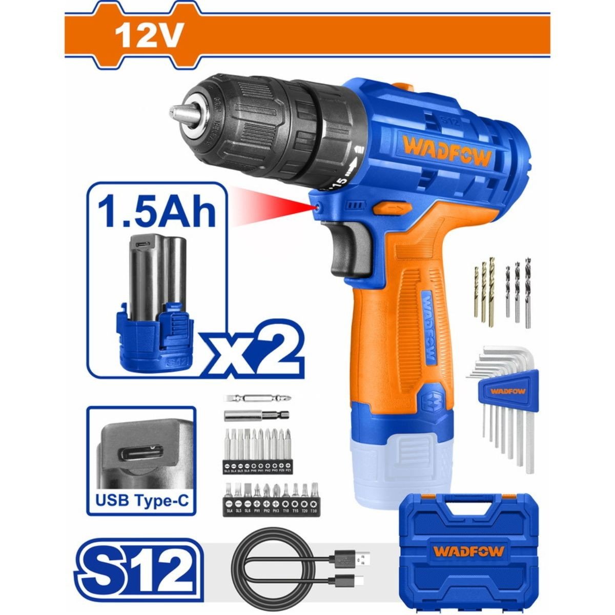 WADFOW Lithium-Ion cordless drill 12V / 1.5Ah / 20Nm Type C