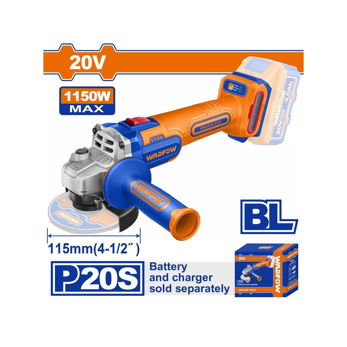 WADFOW ΓΩΝΙΑΚΟΣ ΤΡΟΧΟΣ 115mm ΜΠΑΤ. Li-ion 20V ΧΩΡΙΣ ΜΠΑΤΑΡΙΑ & ΦΟΡΤΙΣΤΗ